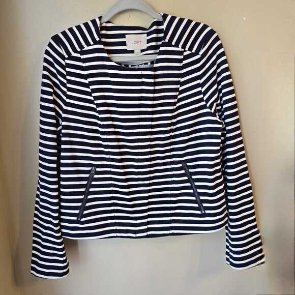 Loft Striped Jacket Size 12 Navy White Cotton Zip Up Coastal Nautical Preppy - Picture 1 of 9